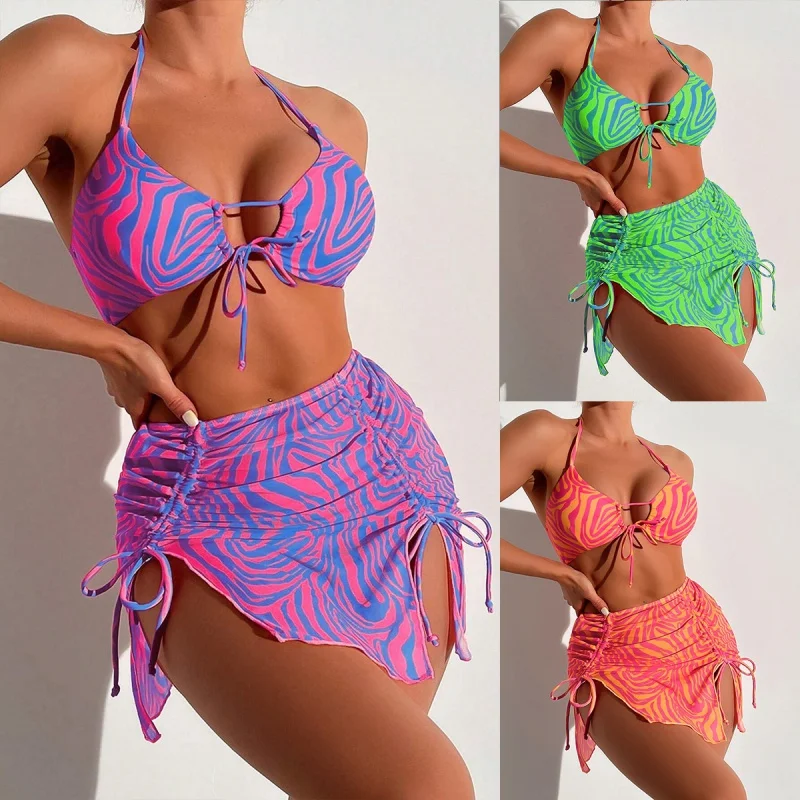 

Three-Piece Printed Bikini Swimsuit for Women, Striped Split Bikini, 2022