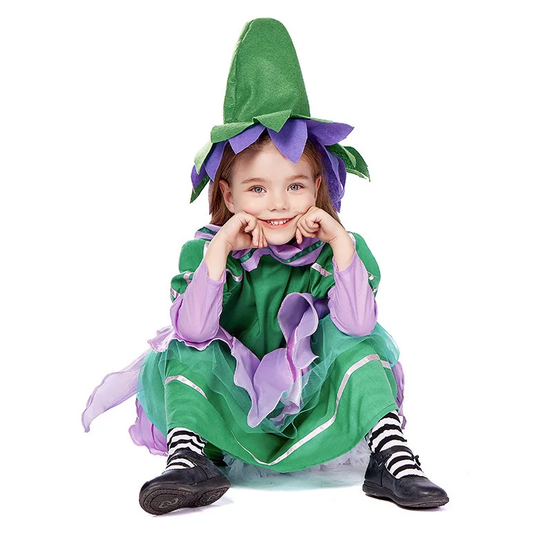 

Goblin Fairy Dress Hat Girl Set Green Gradient Tulle Puff Sleeves Costume Floral Petal Cape Halloween Elven Princess Child Dress