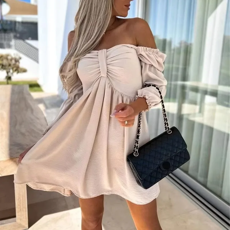 Summer Dresses Fashion Sexy Off Shoulder Strapless  High Waist Puff Sleeve Mini Dress Women Loose Casual Solid Color Dress