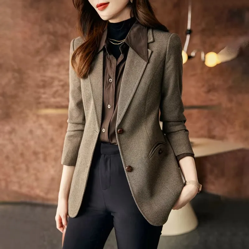 Coffee-colored Wool Blazer Coat Women Female Office Lady 2025 Autumn/Winter Casual High-end High Quality Jacket Women Clothing