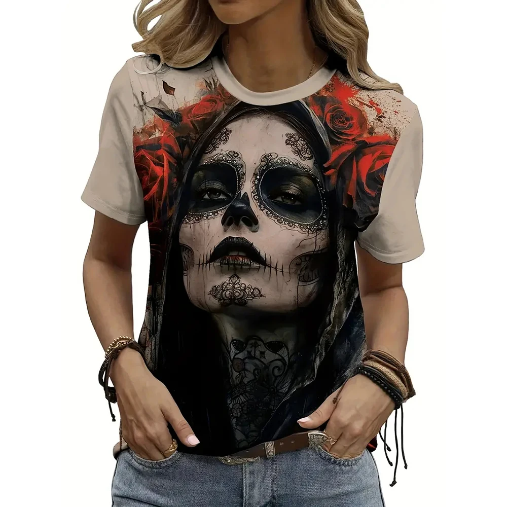 Summer Fashion Short Sleeve Tops Casual 3d Skull Printed T-shirts Female Clothing O-Neck Streetwear Tees & Blouses Oversized