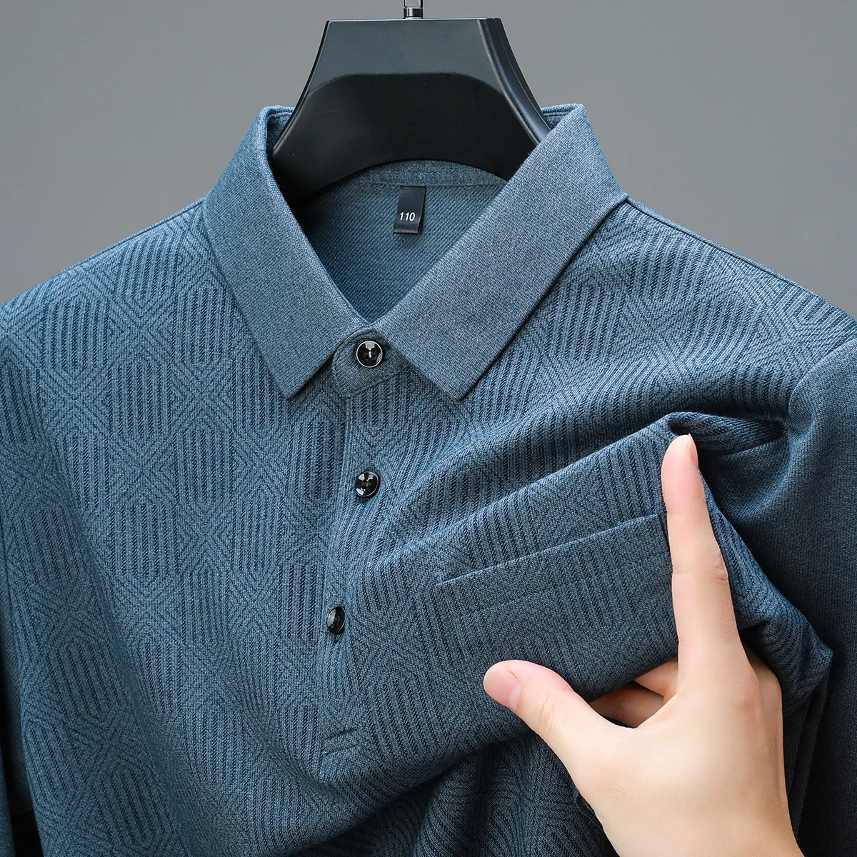 Men Long Sleeve Polo Shirt Geometric Jacquard Real Pocket Loose Fit Middle Aged Dad Autumn Casual Basic Tee