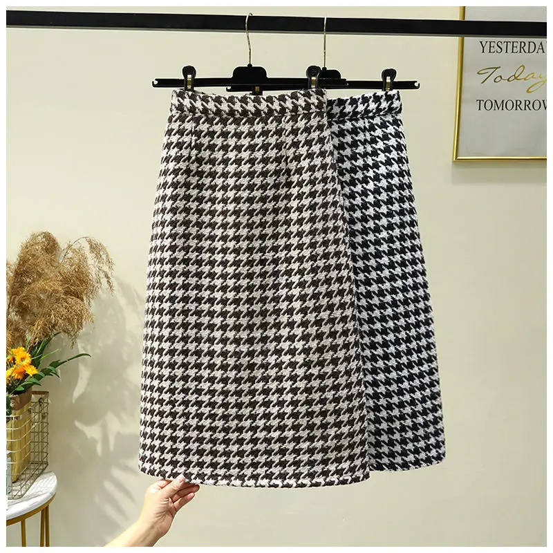 2024 Autumn Winter Women Fashion Houndstooth Print Pencil Skirts Female High Waist Woolen Skirt Ladies Split Bodycon Skirt B375