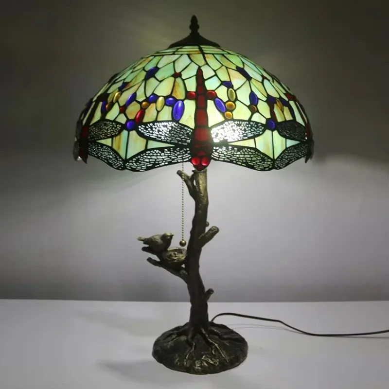 

Style dining table dragonfly lamp, glass stained retro lampshade, lamp bird desk accent, tree base