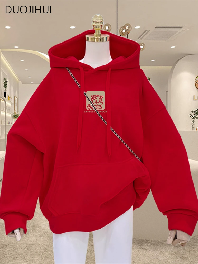 DUOJIHUI Red Chic Drawstring Hooded Loose Female Hoodies Spring New Basic Long Sleeveless Fashion Printing Casual Women Hoodies