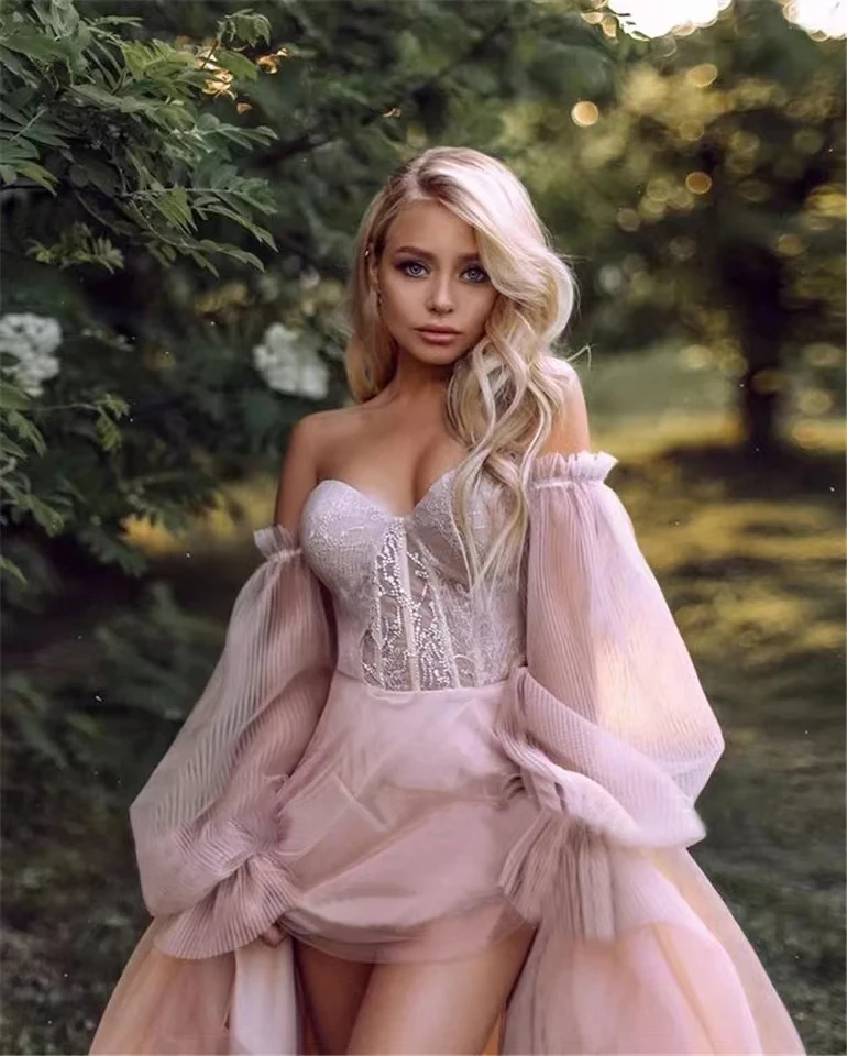 Customized Sexy Meat Pink Sweetheart Off Shoulder A-Line Long Sleeve Floor Length Wedding Party Dress Formal Occasion Pleat