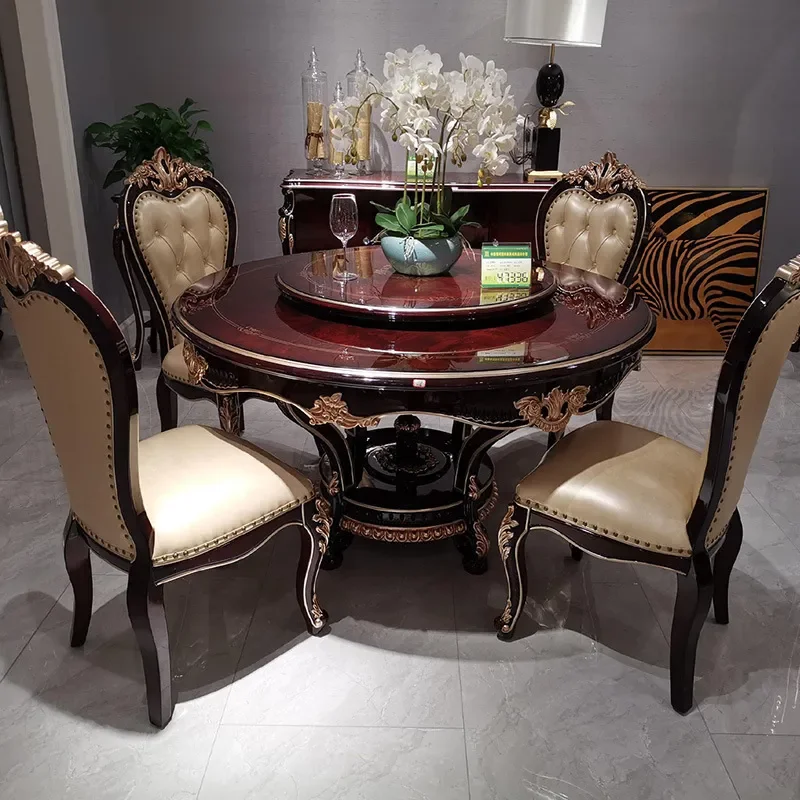 for European Neoclassical Leather Dining Set 1 Table 6 Chairs Solid Wood Piano Paint Finish Household Restaurant Furniture