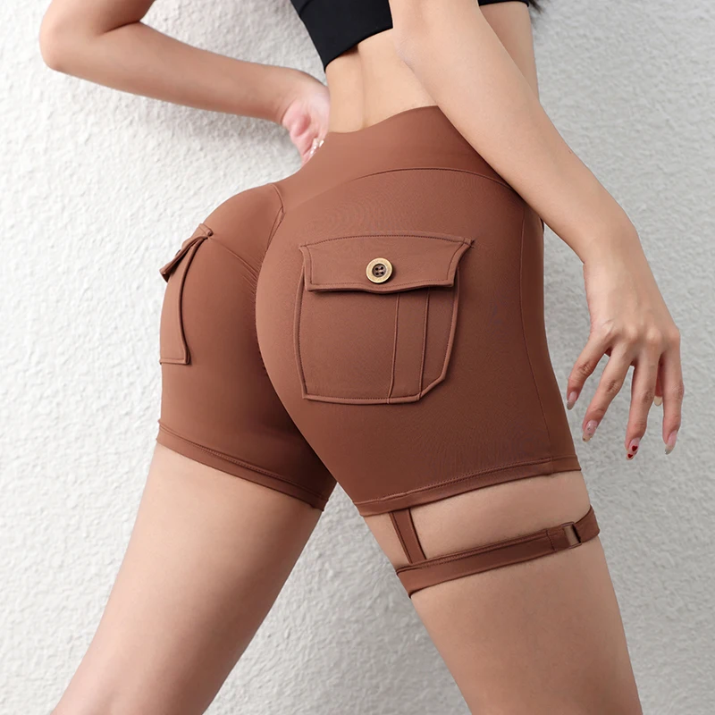Nowe spodenki sportowe do ćwiczeń, fitnessu, z wysokim stanem, marszczeniem na pośladkach, bezszwowe, do jogi, typu biker, z kieszenią dla kobiet.