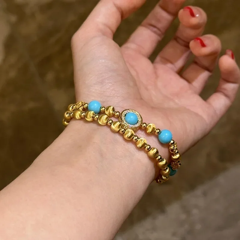 Turquoise bracelets for women Creative new in light luxury retro Cat eye shaped round bead blue bangles fashion jewelry - view 5