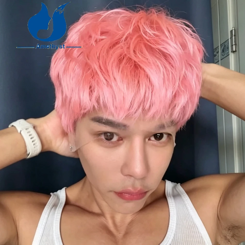 Amethyst Pink Color Short Boy Cut Wig Pre Styled Real Human Hair Remy Full Transparent Lace Pre Plucked for Men with Bangs