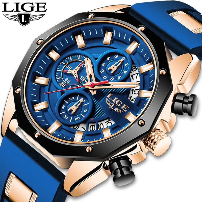 LIGE Men Watch Brand Luxury Silicone Strap Waterproof Sport Quartz Chronograph Military Wristwatch Men Clock Relogio Masculino