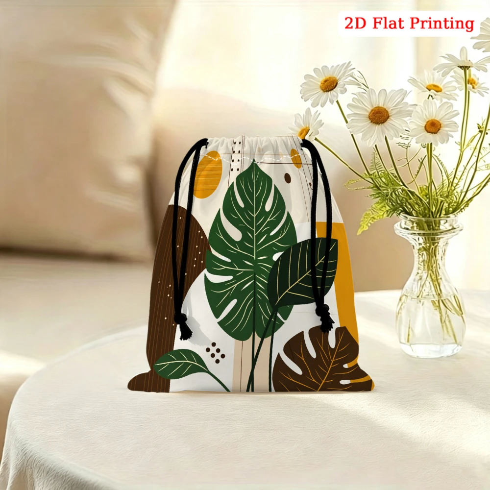 1Pc Tropical Leaf Print Drawstring Bag Green Brown Botanical Storage Small Pouch For Travel Cosmetics Glasses Organizer Portable