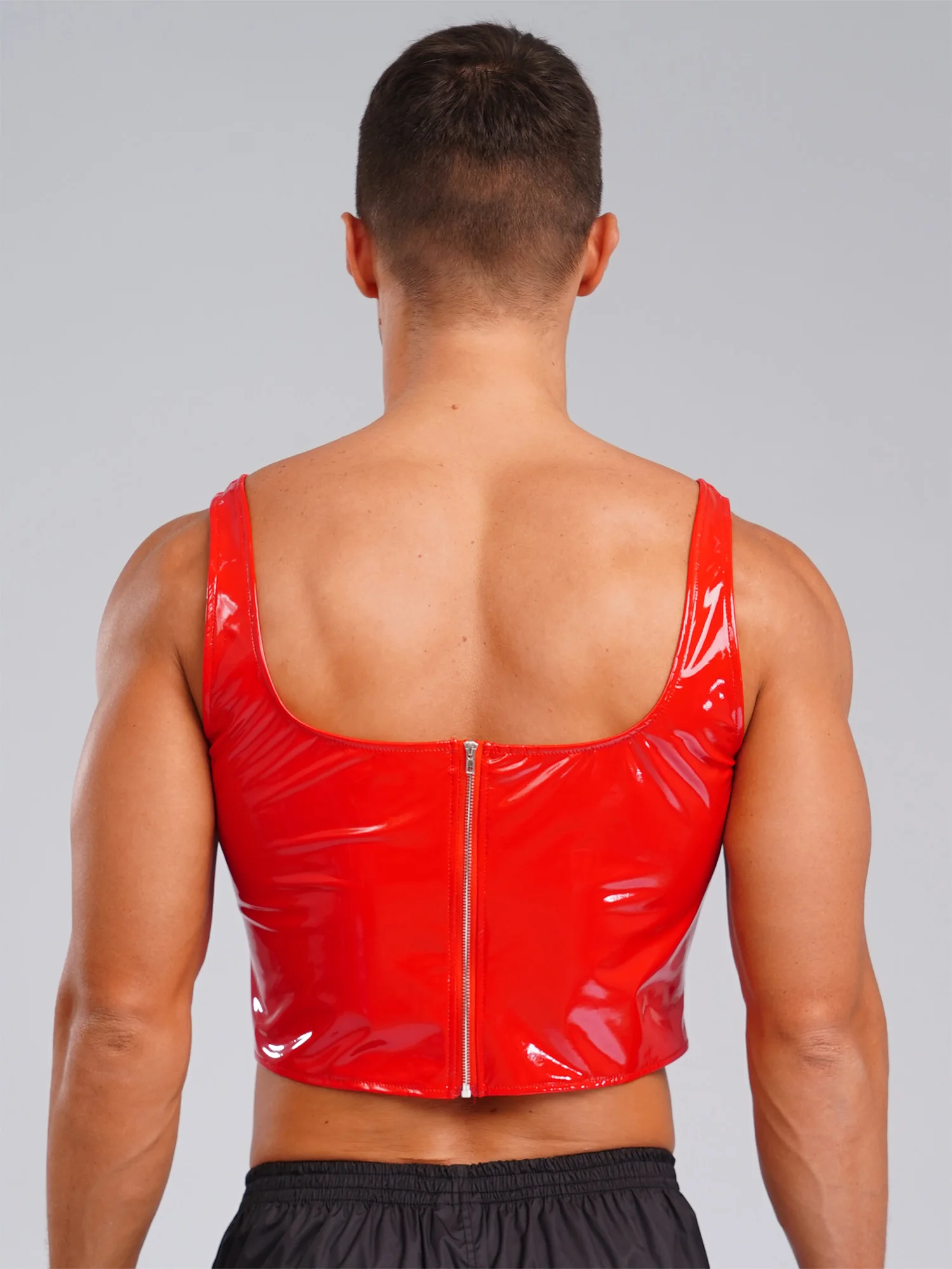 Atasan Rompi Potong Hem Tidak Beraturan Ritsleting Belakang Berenda Dapat Disesuaikan Tanpa Lengan Kulit Paten Tampilan Basah Pria untuk Klub Malam Pesta