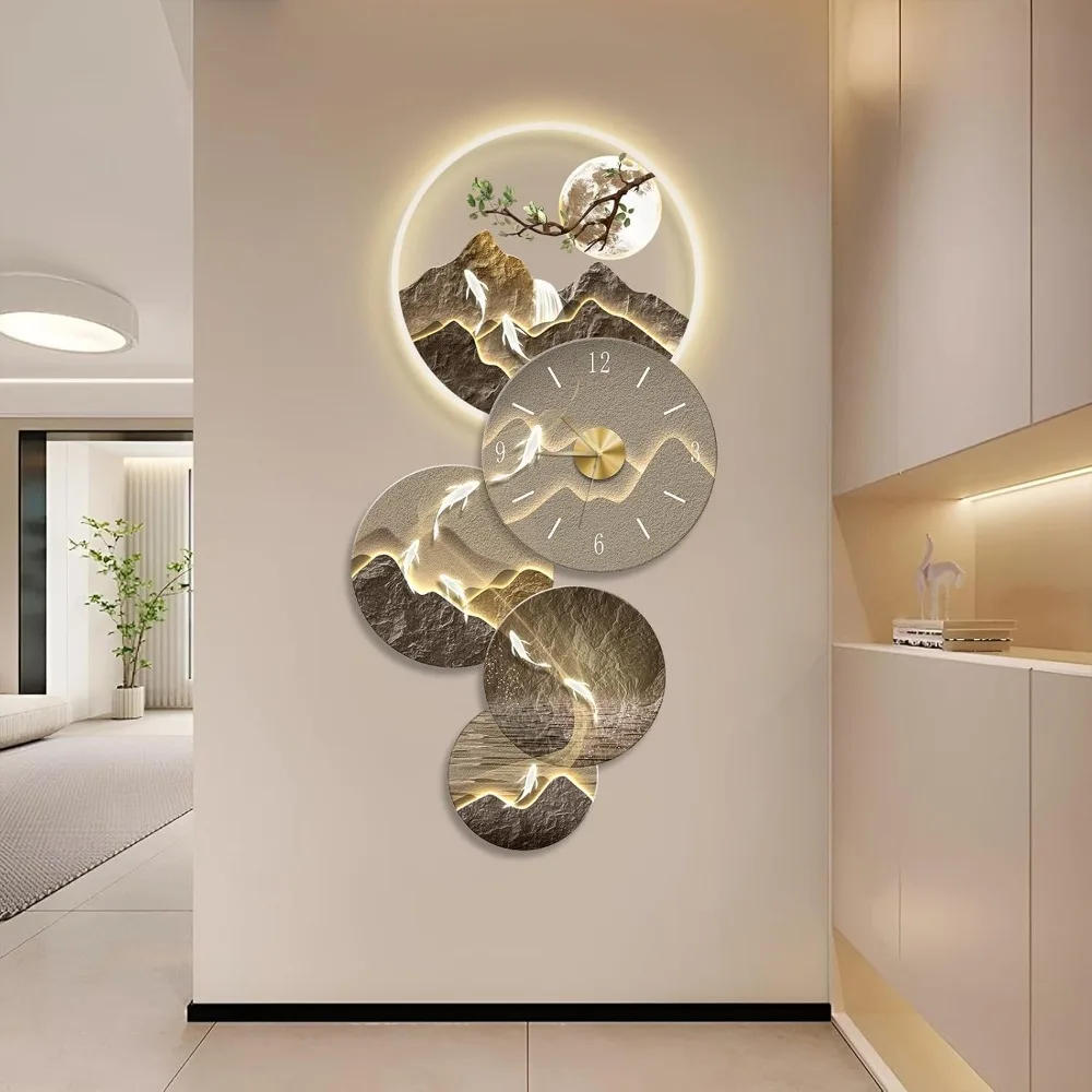 3D Wall Decoration LED, Large Metal Wall Decoration with Lights, Remote Control Modern Pendant with Clock