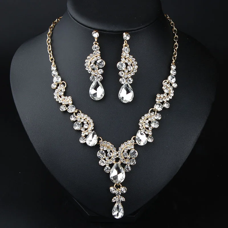 African Statement Crystal Necklace Earrings for Women Bridal Wedding Jewelry Sets Rhinestone Choker Nigeria Evening Party Gifts