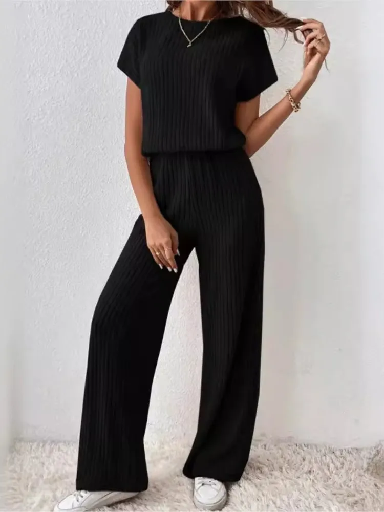 Simple Style Rib Knit Long Pants Suit Women Casual Short Sleeve T-shirt & Loose Trousers 2 Piece Sets Summer Autumn Women Set