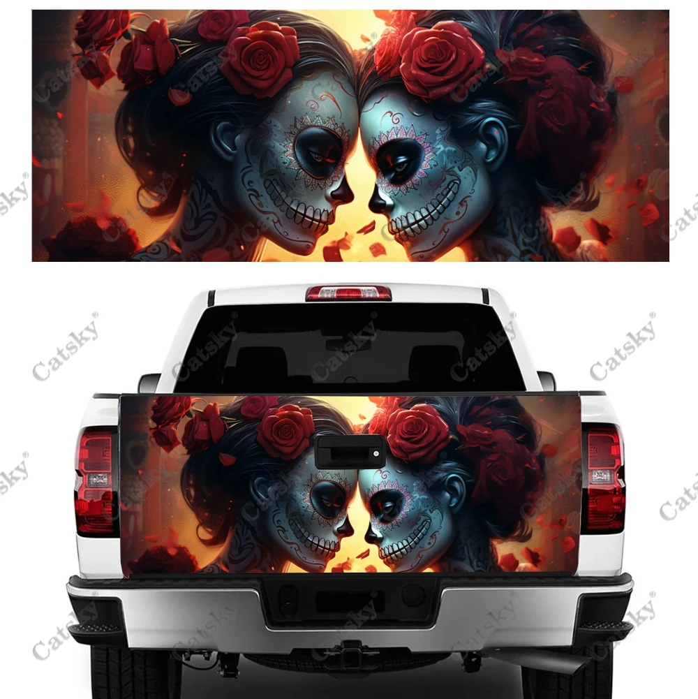 

Girl with Skulls Truck Tailgate Wrap Professional Grade Material Universal Fit for Full Size Trucks Weatherproof