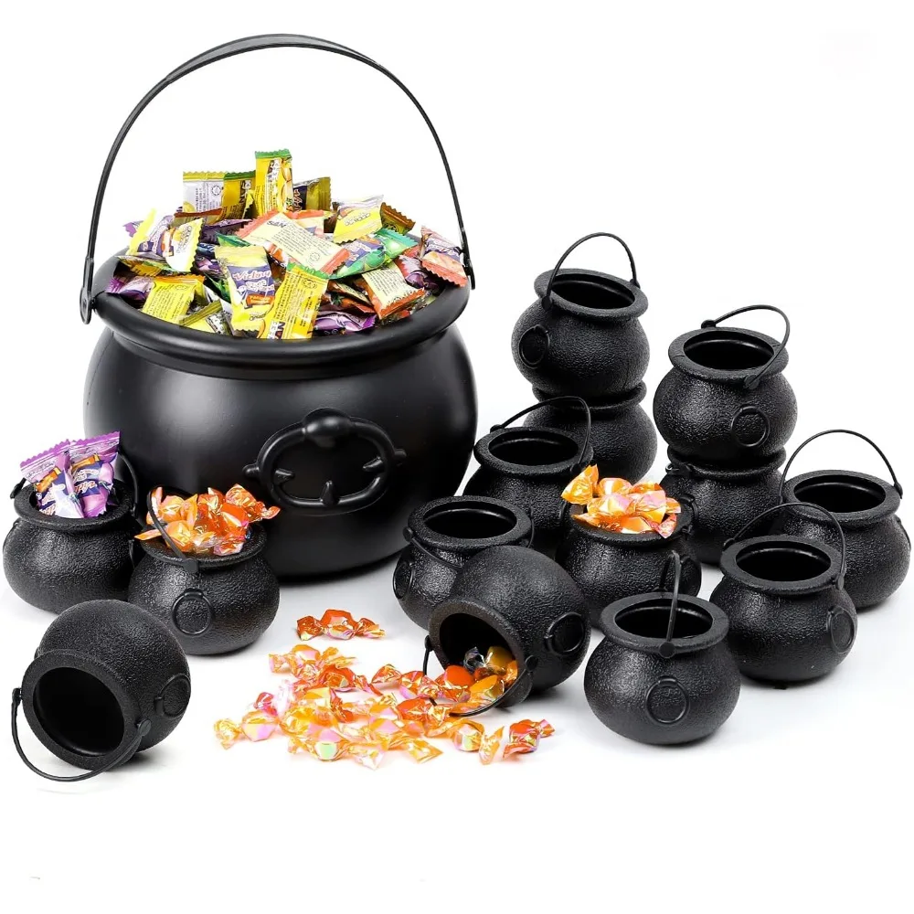 Mini Black Witch Cauldron Plastic Candy Jar Multi- Purposed Pot Bucket Halloween St. Patricks Irish Party Favor Decoration Prop