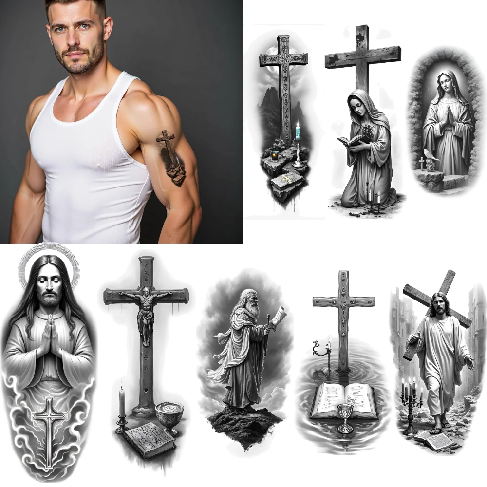 

3 шт., временные татуировки, молящие Иисуса, водонепроницаемые долговечные наклейки для тела, моисе с планшетами, Иисус с шипами для бедер, рук