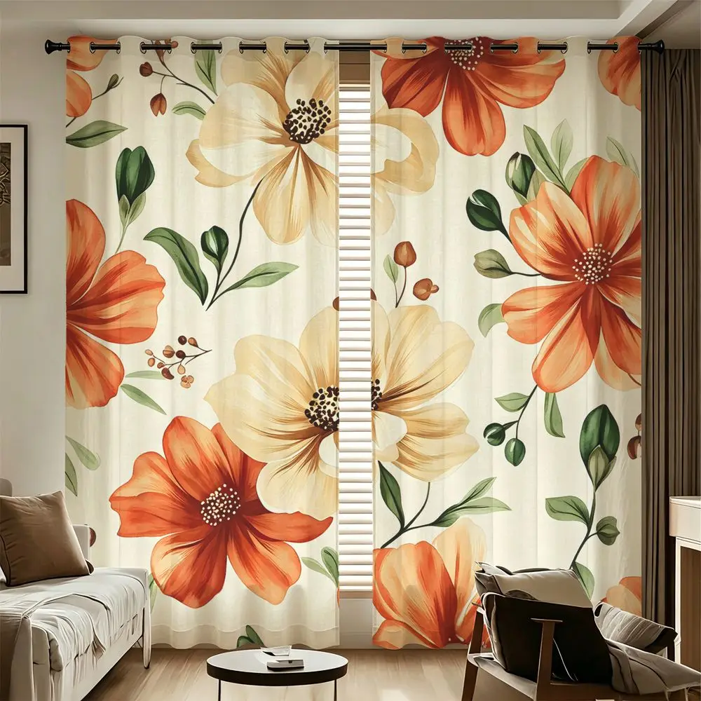 Retro Orange Floral Printed Curtains 2 Panels Light Blocking Rate 85% Darkening Decoration Curtains Farmhouse Bedroom Window
