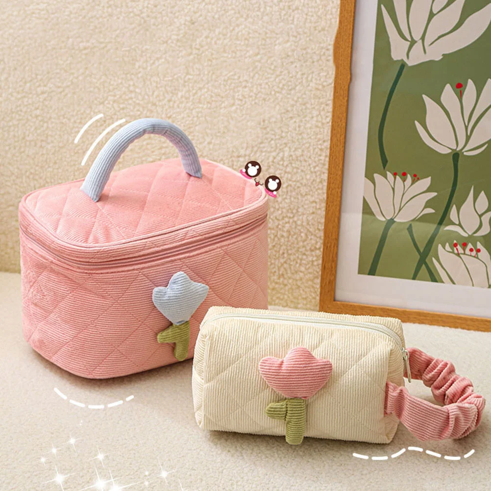 

2 Pcs Corduroy Bag Travel Bags Makeup Organizer Storage Pink Toiletry for Women Miss