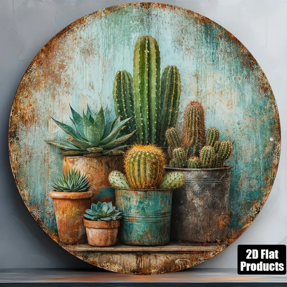 2D Flat Round Wooden Sign, Retro Wooden Plaque about Succulents And Cactus, Desert Plant Potted Decoration Sign,
