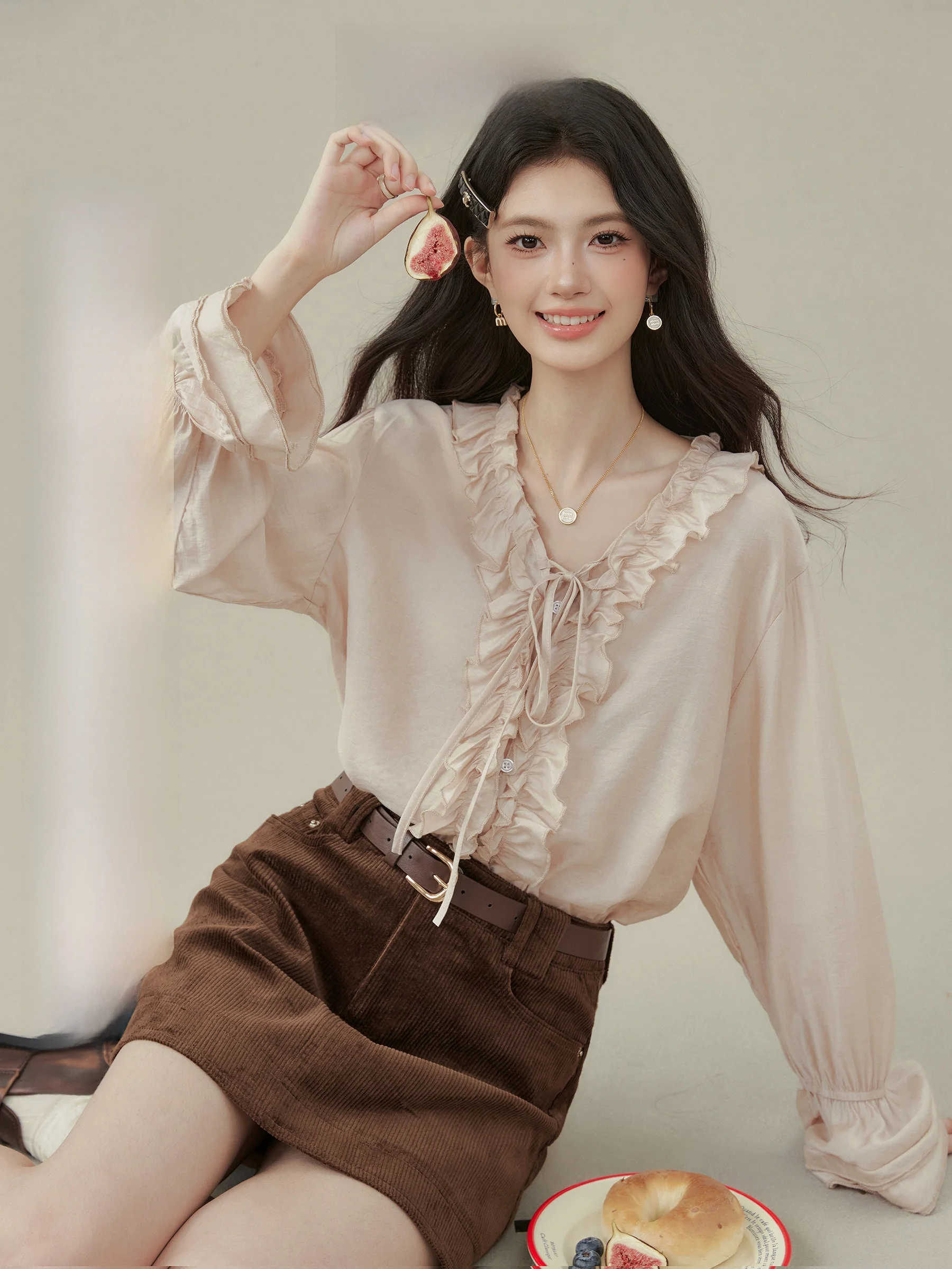 

Ele V-ne T irt с поясом Lantern Sve Розовый женский топ Casual Sle с высокой талией Long Sve Faionable irt