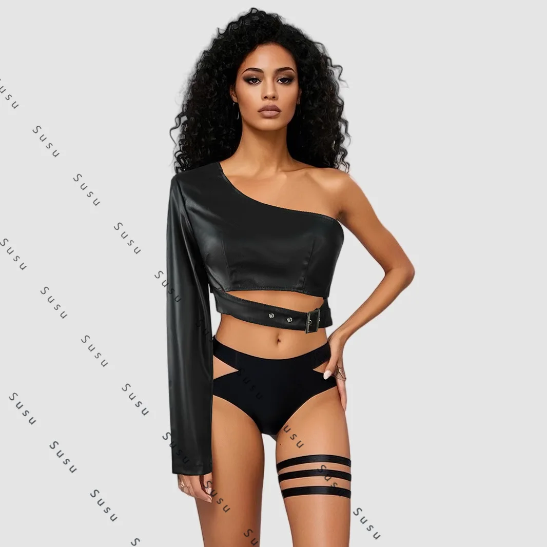 

2025 new black collarless shoulder PU leather jacket rock dance irregular short jacket European and American Internet celebrity