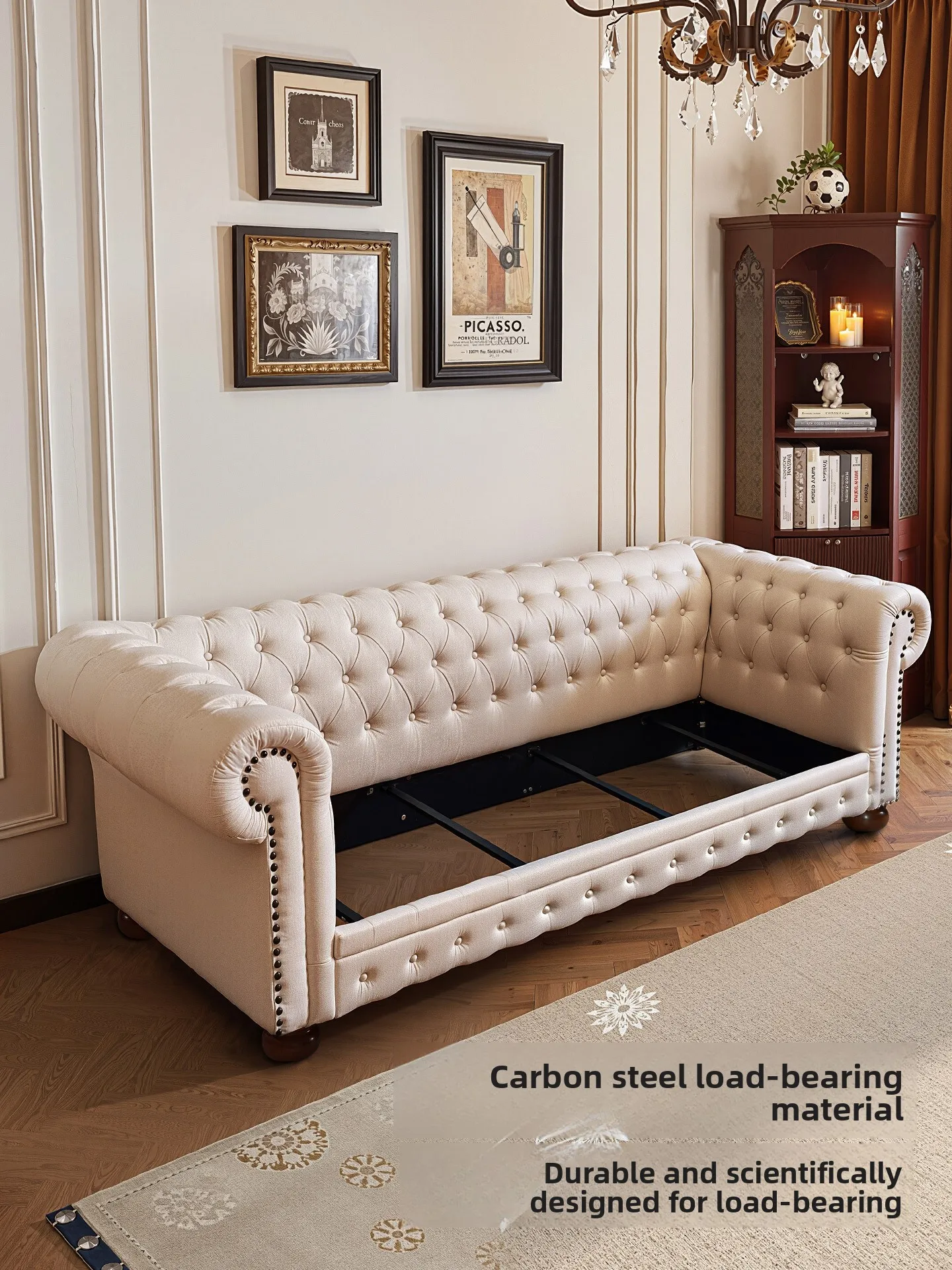 LH fabric sofa small apartment living room retro style furniture three-person straight row sofa