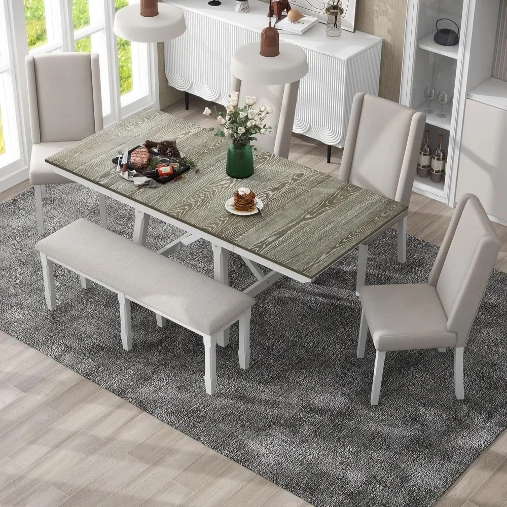 

6-Piece Dining Table Set, Extendable Tables with 4 Upholstered Chairs & 1 Bench, Dining Table Set