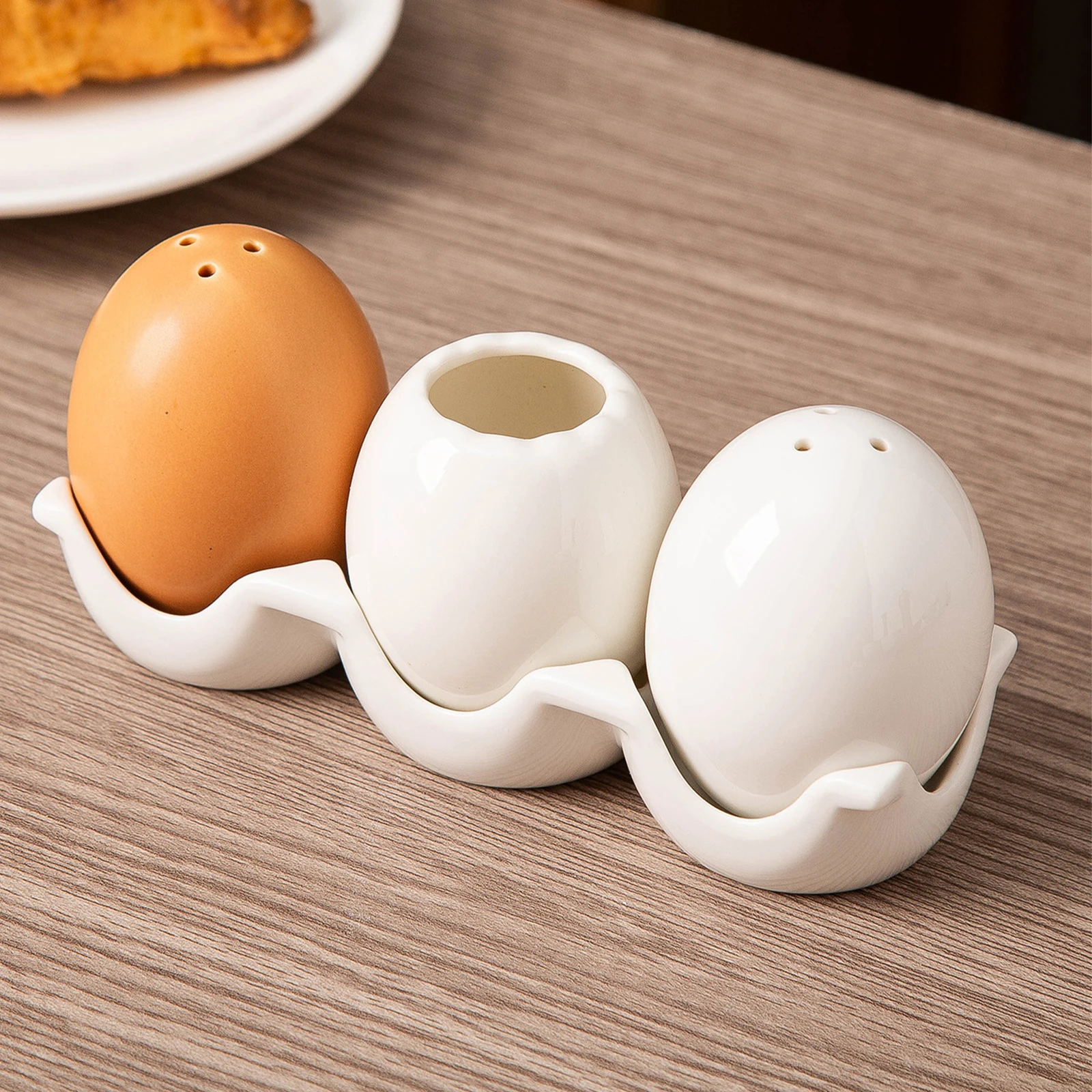 Cute Egg Design Ceramic Salt Pepper Shaker Set with Tray Kitchen Condiment Jar Spice Storage Bottle