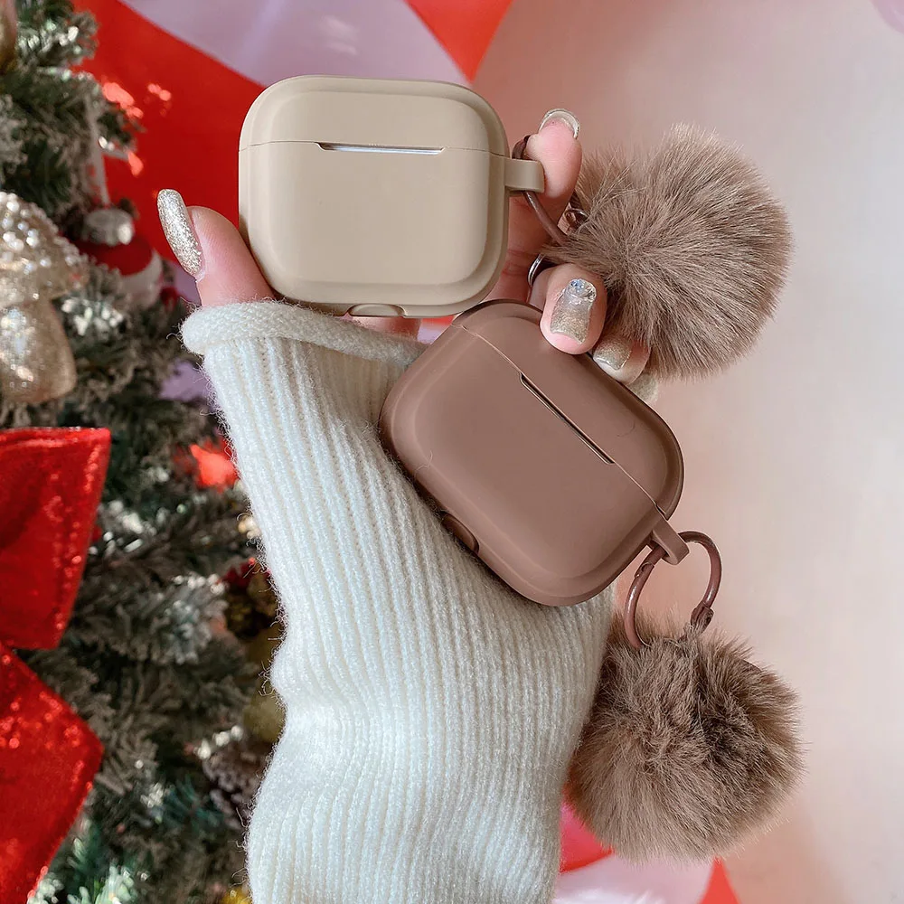 winter plush fluffy ball keychain square silicone earphone case for apple airpods 4 3 2 pro 2 charge box protection cover coque