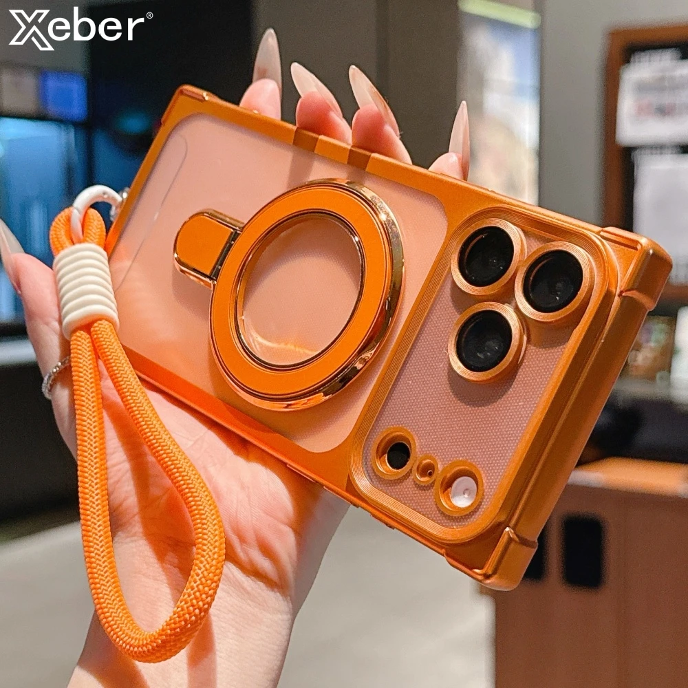 Überzug Magnetische Für Magsafe Ständer Halter Fall Für iPhone 13 14 15 16 17 Pro Max Armband Strap Transparente Stoßfest Abdeckung