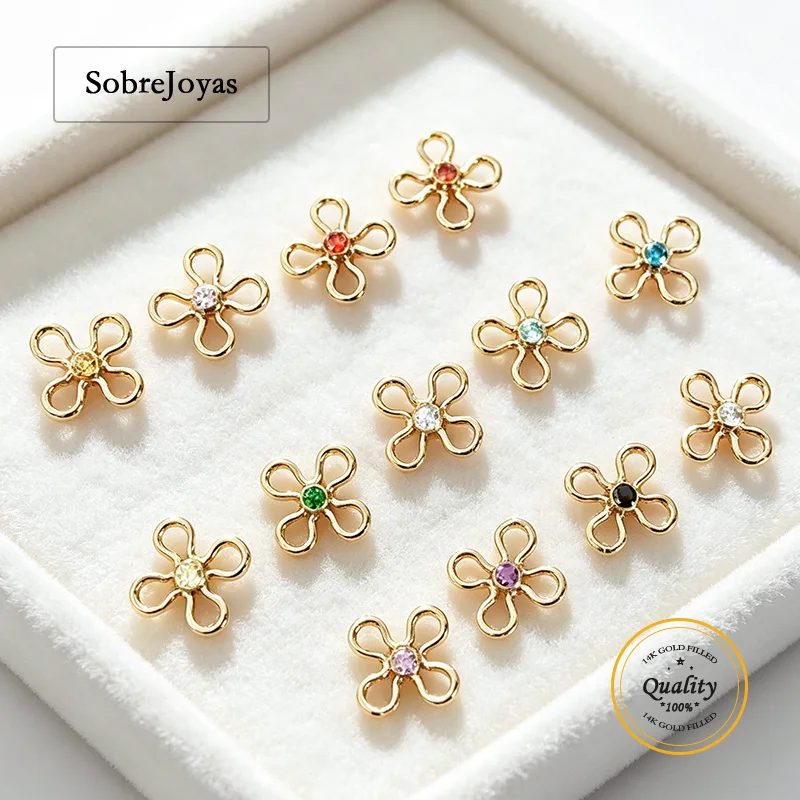 14K Gold Filled Flower Connector Pendant 7.5mm with CZ Birthstone AAA Zircon Charm for DIY Jewelry Flower Charm Accessory