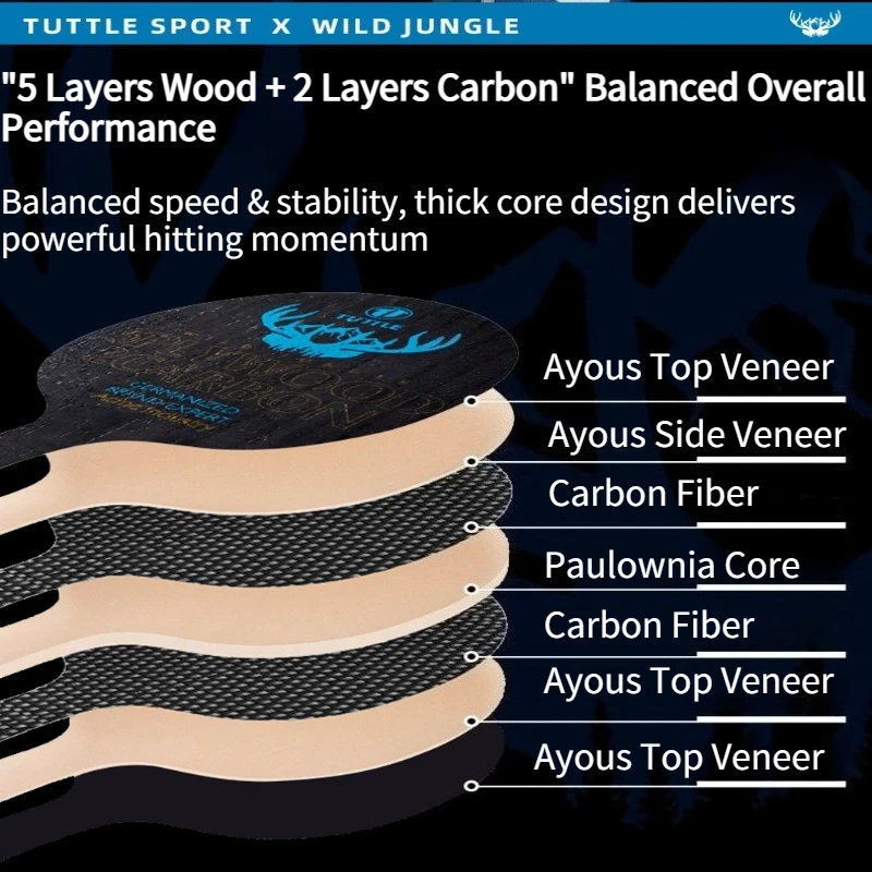 TUTTLE Wild Jungle Professional Table Tennis Blade 7-Ply 5 Wood 2 Inner Carbon Fiber Ping Pong Paddle For Fast Attack & Loop