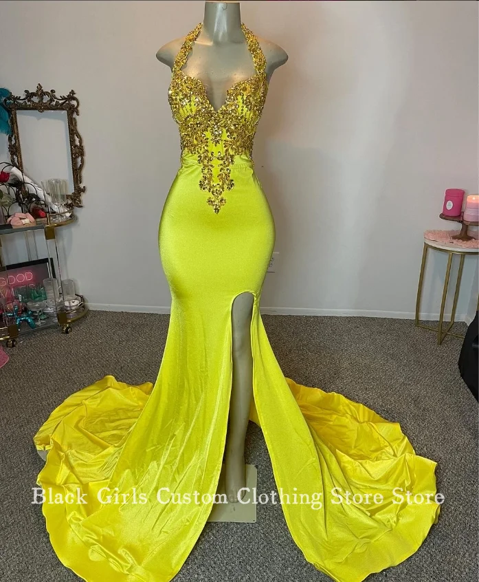 Bright Bright Yellow Mermaid Prom Dress Sexy Hanging Neck Diamante Beaded High Split Black Girl Birthday Party robe de bal