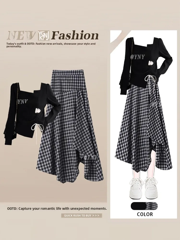 

Hebe Style Long Sleeve T-Shirt And Plaid Skirt Two-Piece Set Drawstring Retro High-End Autumn Fashion Women's Ensemble