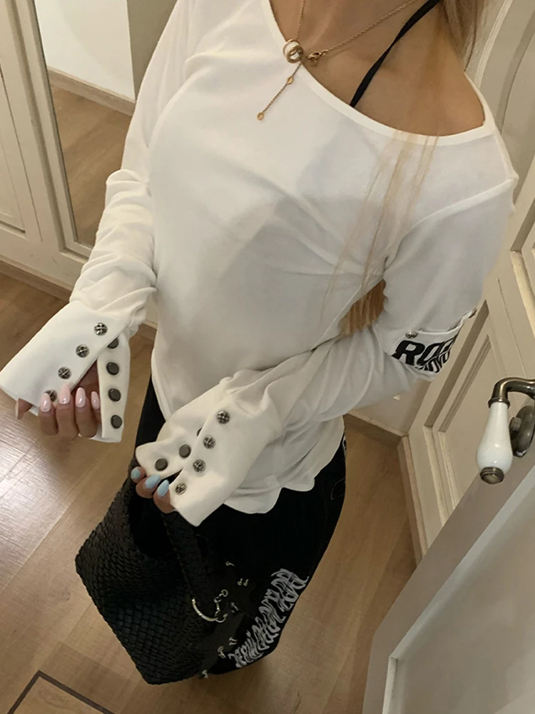Tonngirls American Retro Print T-shirt Women Long Sleece Button Graphic Tops Y2k Tops 2000s Japanese Grunge Tops E-girls Autumn