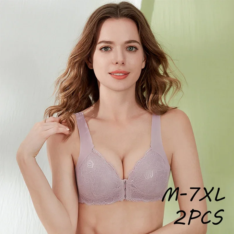 

2PCS Plus Size Bra Sexy Bralette Crop Top Underwear Push Up M-7XL Seamless Bra Lace Front Closure Brassiere Lingerie Female