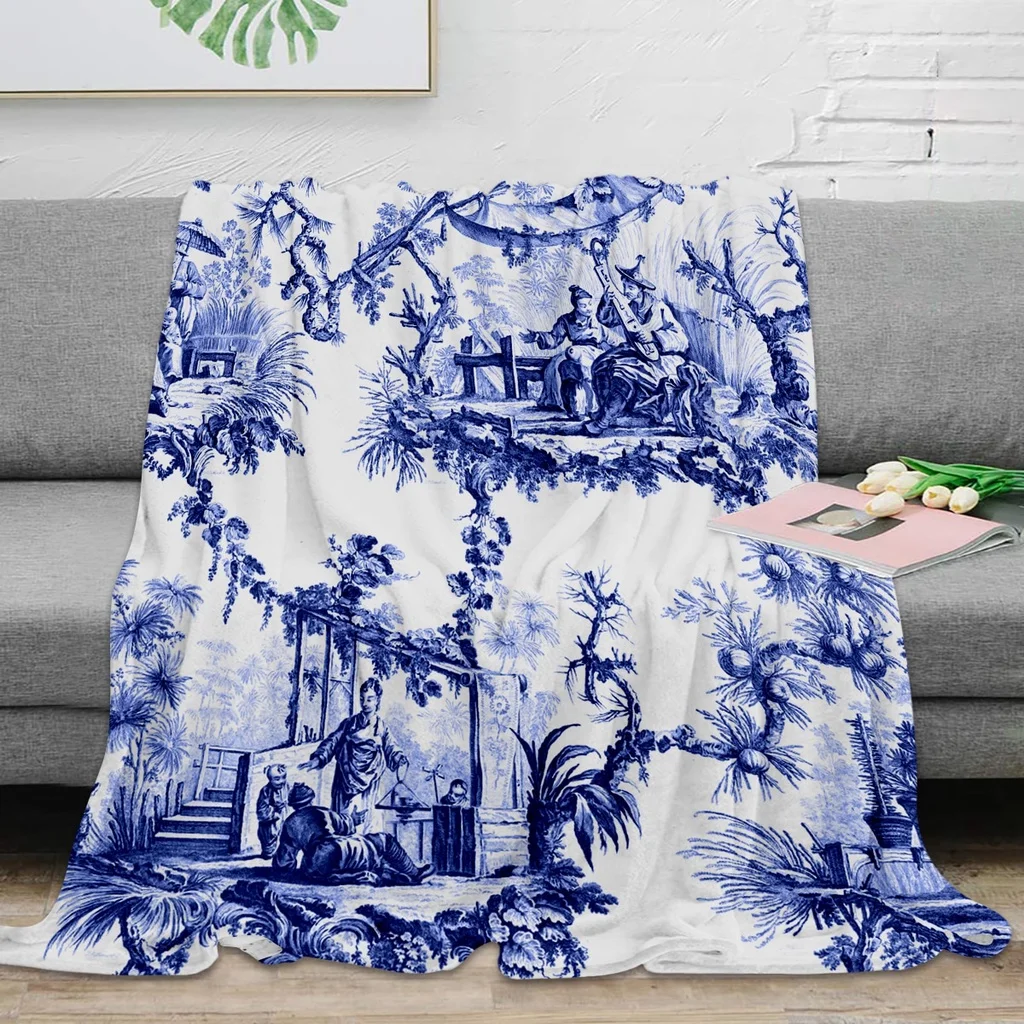 

Throw Blanket Blue Chinoiserie Toile Warm Microfiber Flannel for Bedroom