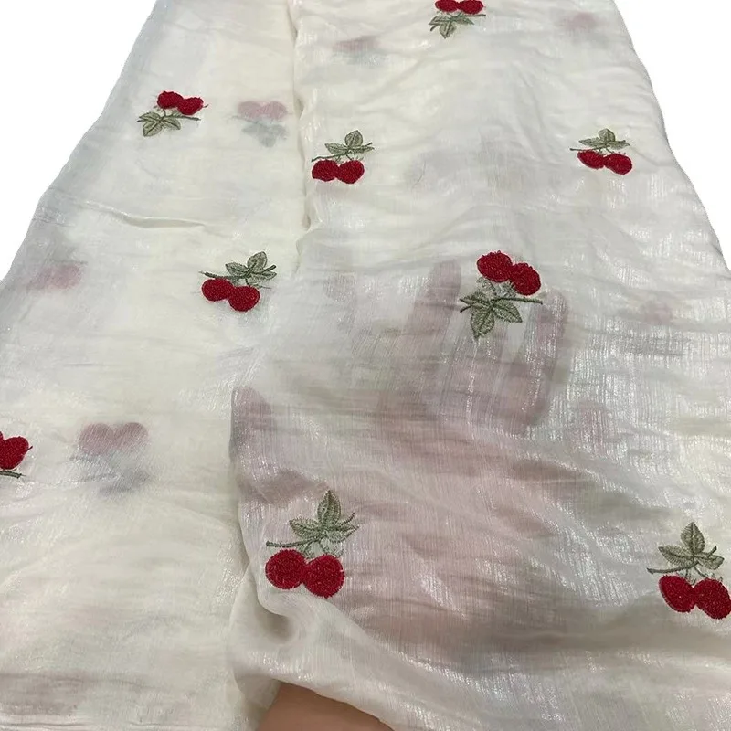 New Stylish Tencel Embroidered Fabric with Cherry Design - Delicate Lace Material for Sewing Projects