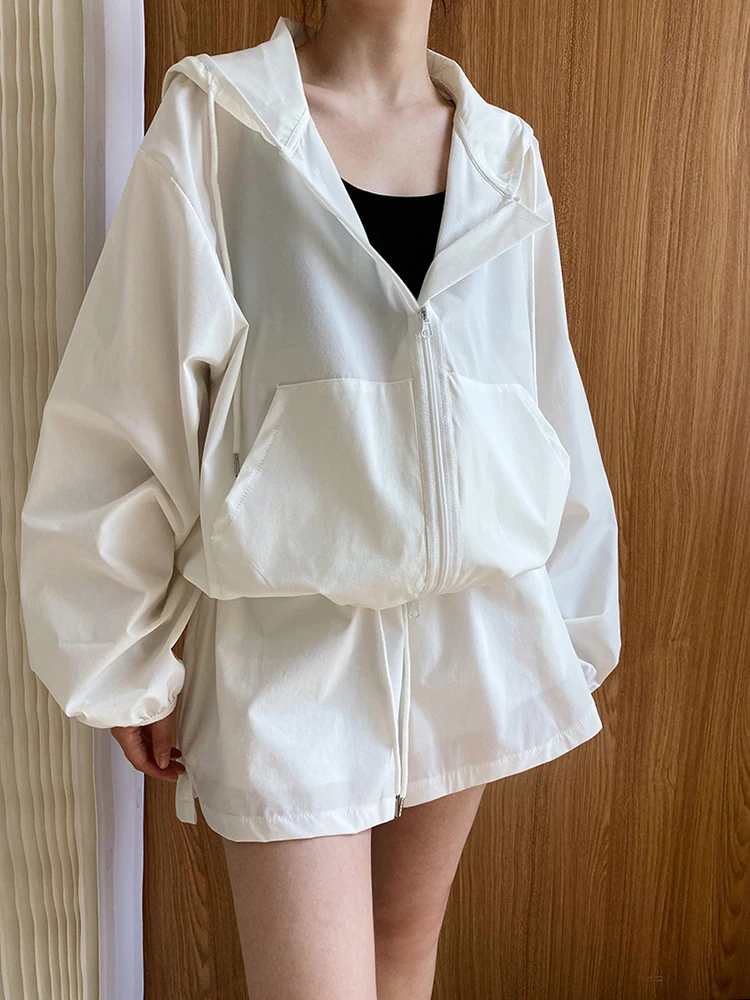 [EAM] Green Big Size Jacket Wide Leg Shorts Two Piece Suit New Hooded Long Sleeve Women Fashion Tide Spring Autumn 2024 1DH6003