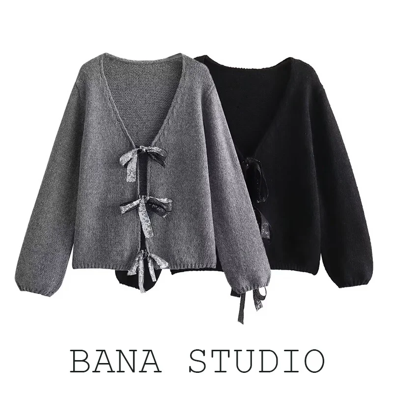 

BANA Women's ort V-Ne Knitted Cardigan Jaet Knot iny Sequins Loose Fit Bla Outerwear Spring OL Sle