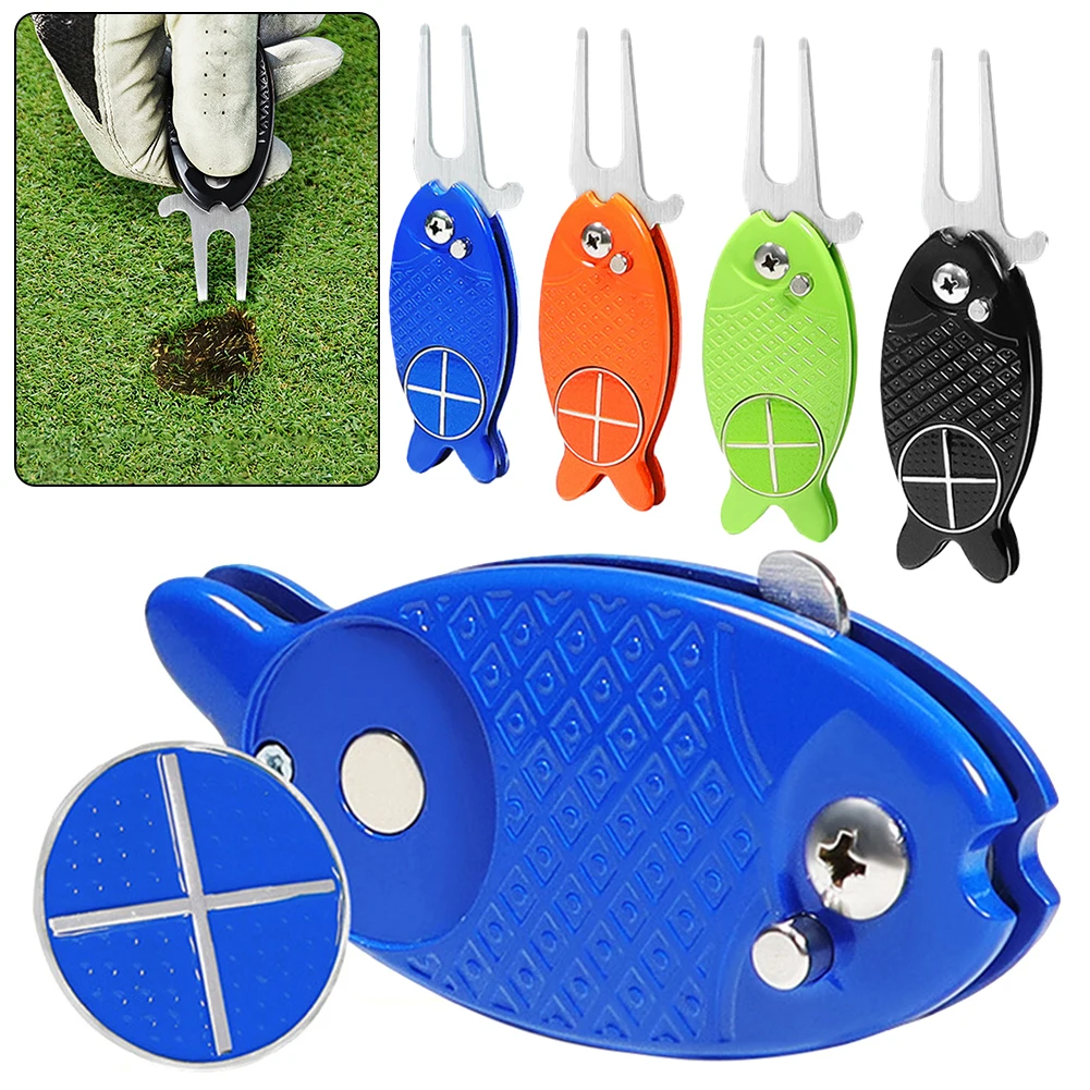 Fish Design Golf Ball Marker Foldable Golf Divot Repair Tool Green Tool Stainless Steel Golf Divot Tool for Golfers