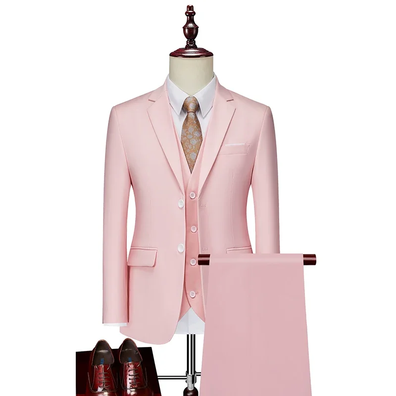 

Mens Business Casual (suit + Vest + Trousers) Wedding Suit High-quality Handsome European and American Suit Pink Three-piece Set