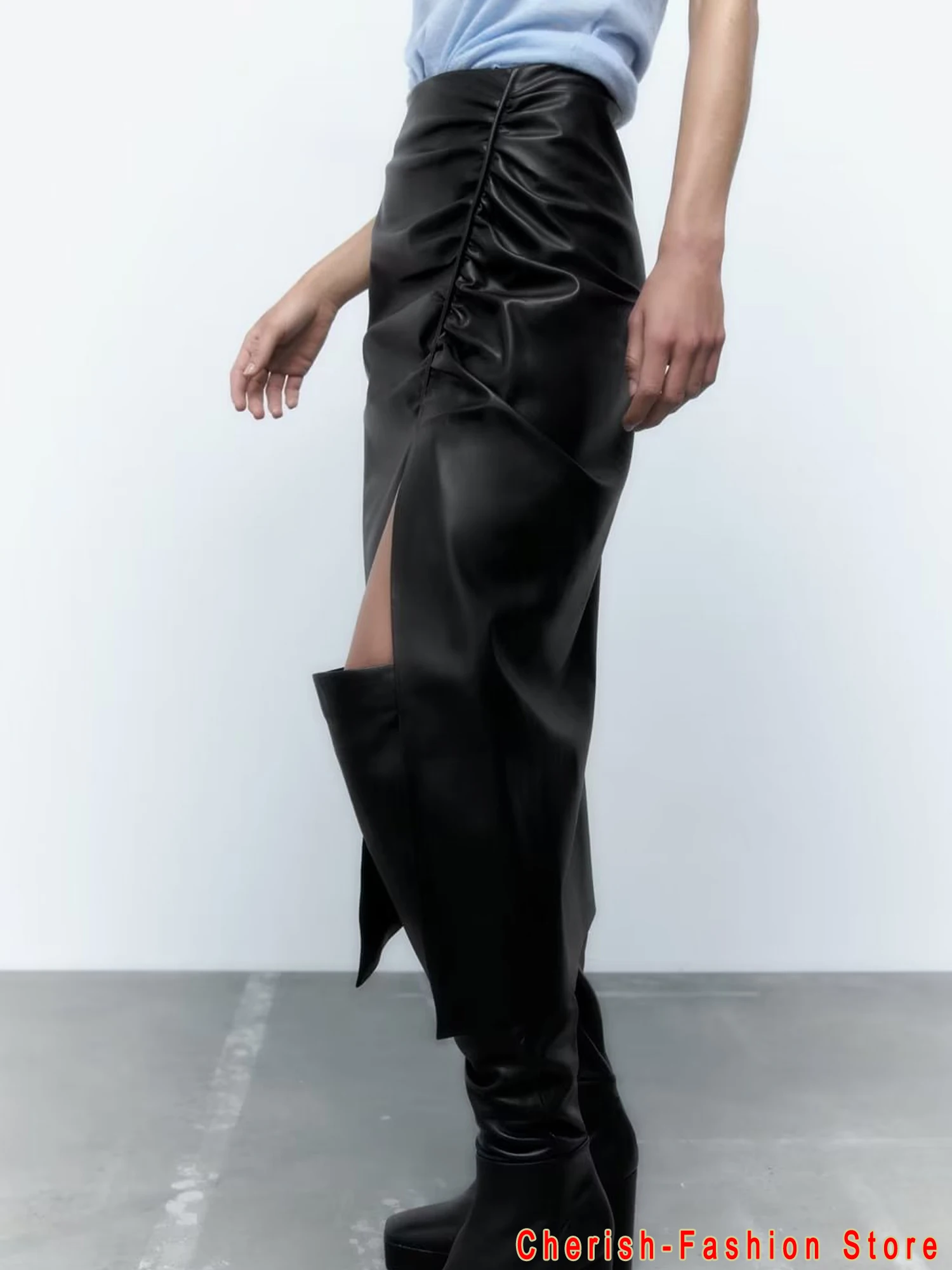 Vintage Women Faux Leather Pleated Solid Skirt 2023 Spring High Waist Tight Side Split Skirts Zipper Slim Female Bottoms Black