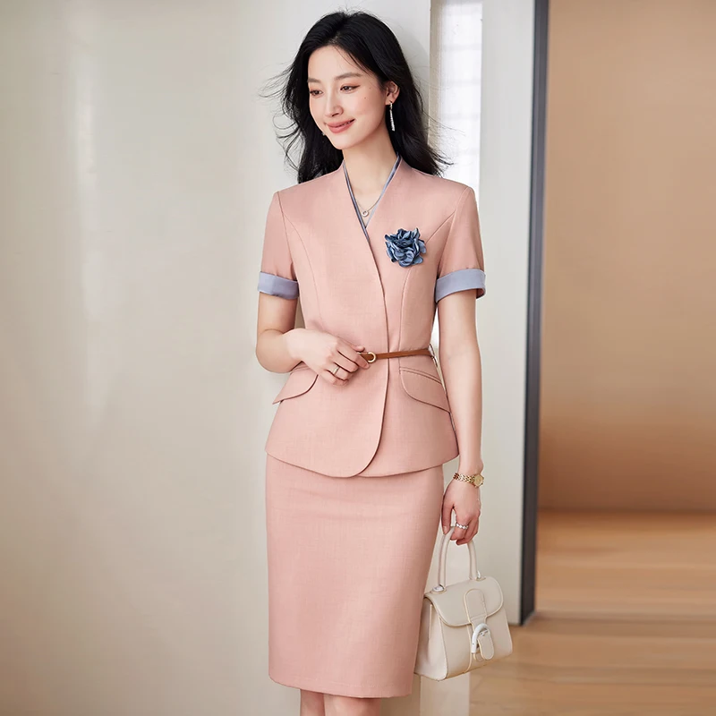 NAVIU 2024 Elegant Women Formal Skirt Suit Ladies Pink Black Blue Short Sleeve V Neck Female Two Piece Blazer Sets Work Wear