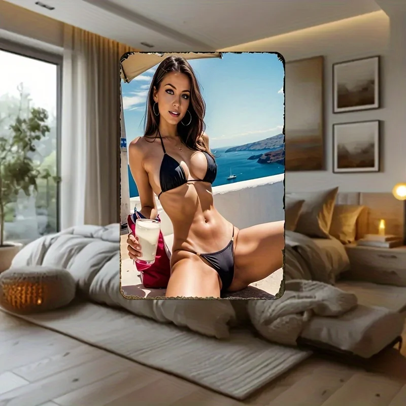 2D Black Swimsuit American Beach Style Charisma Model Aluminum Wall Art for Room Home Garage Bar Pub Garden Birthday Gift