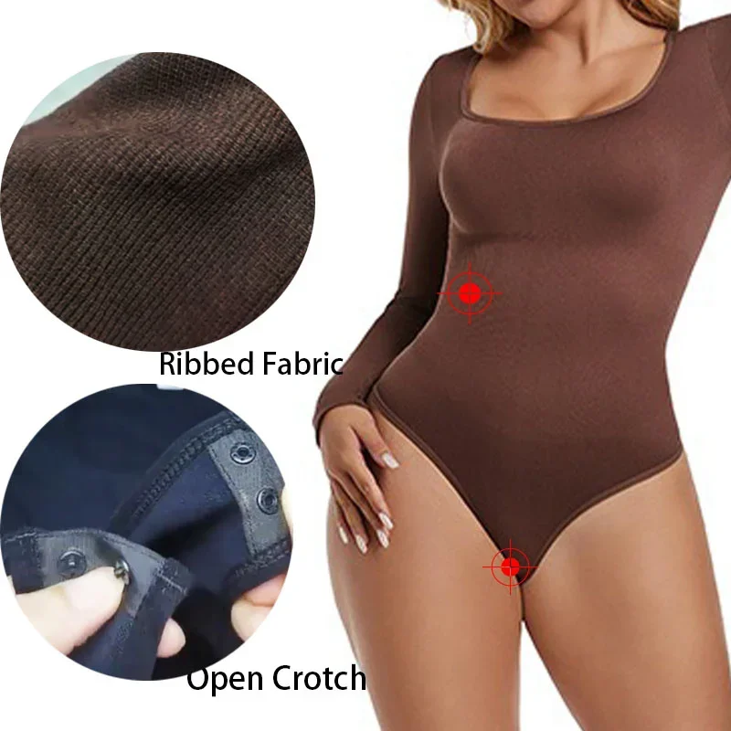 Dimmkof Square neck Thong Bodysuits Long Sleeve Shapewear Thong Butt Lifting Bodysuit Compression Body Shaper Tops Open Crotch