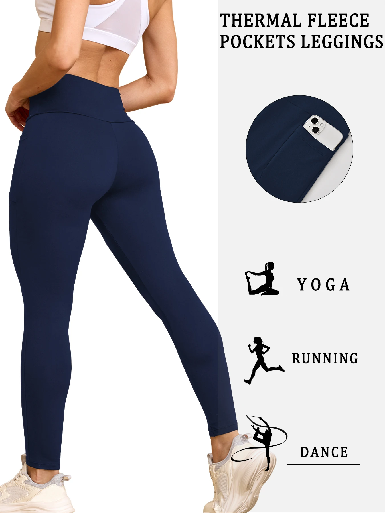 Women's Thick Thermal Leggings with Pockets - High Waisted Fleece Lined Tummy Control Winter Warm Tights Workout Running Pants